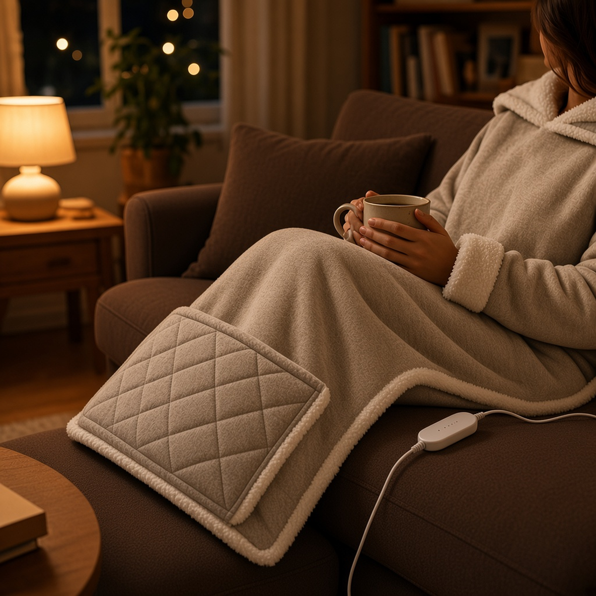 Beige wearable heated blanket on a cozy couch at night