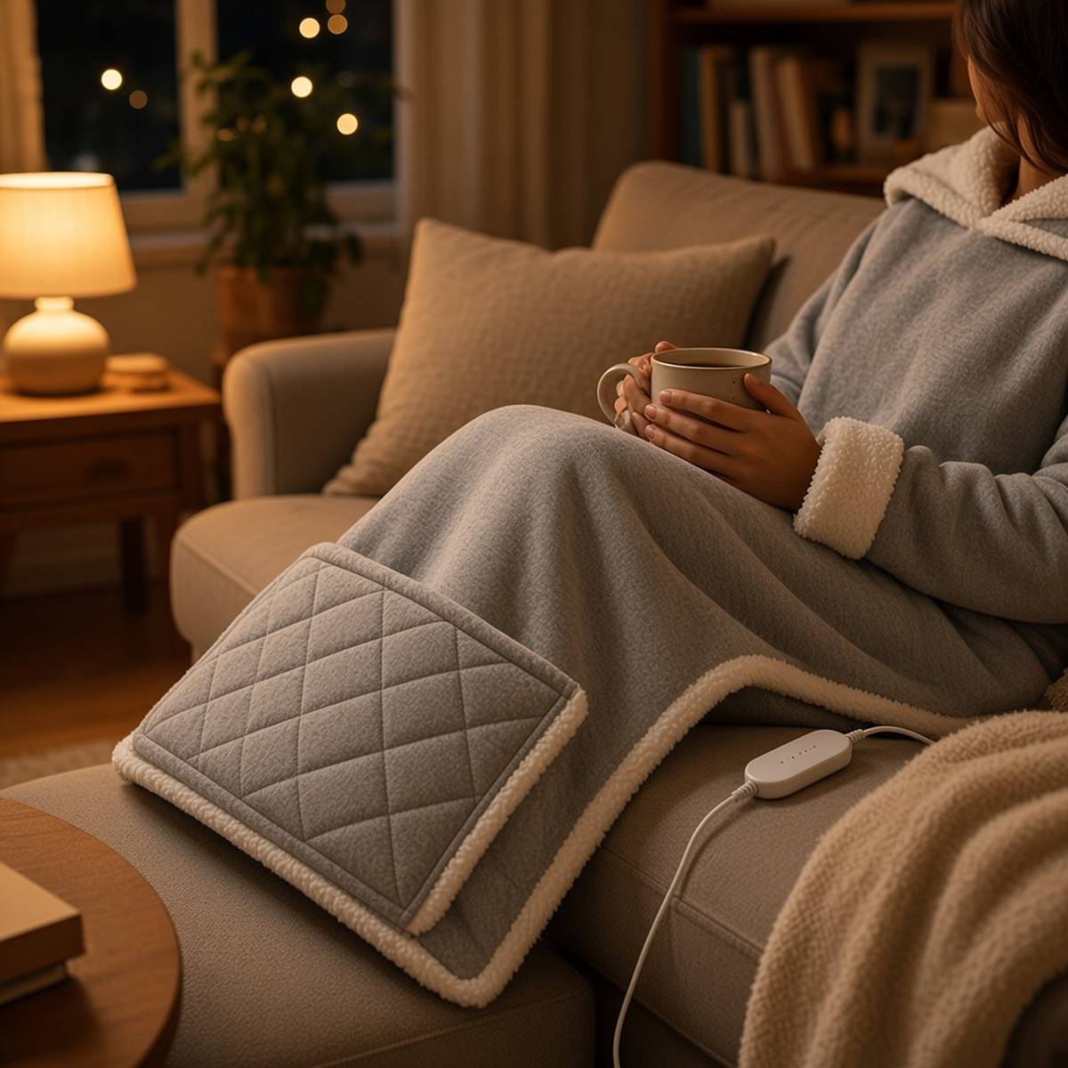 Gray wearable heated blanket on a cozy couch at night