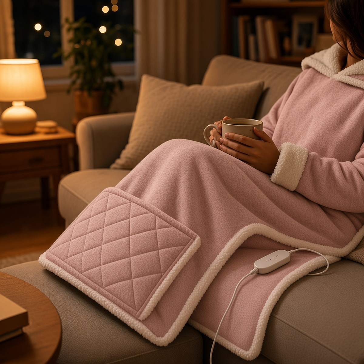 Pink wearable heated blanket on a cozy couch at night