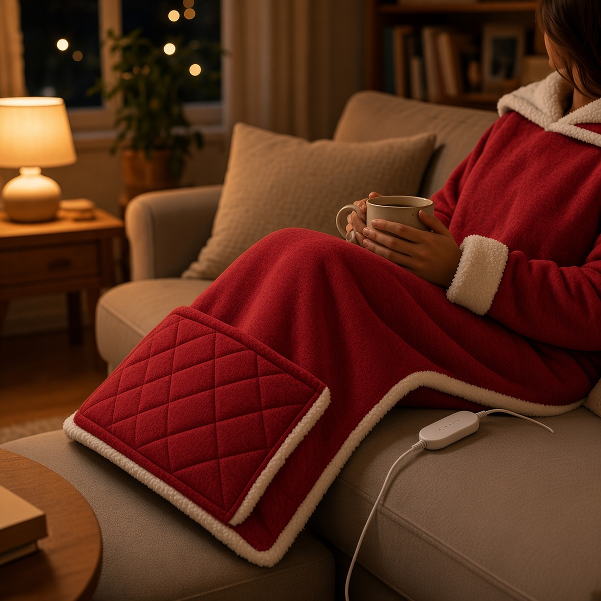 Red wearable heated blanket on a cozy couch at night